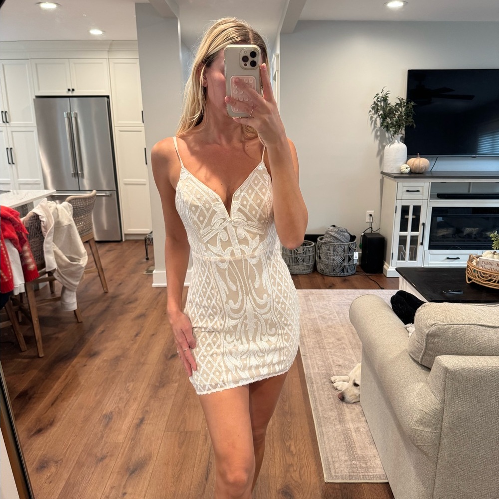 Lulu's White and Gold Patterned Dress